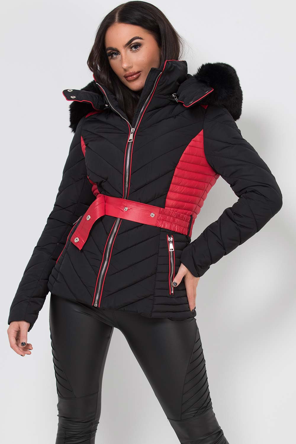 Zyriah | Women’s puffer jacket with faux fur hood and belt