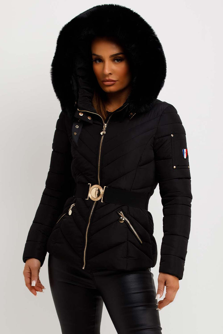 Febby | Women’s belted puffer jacket with faux-fur hood