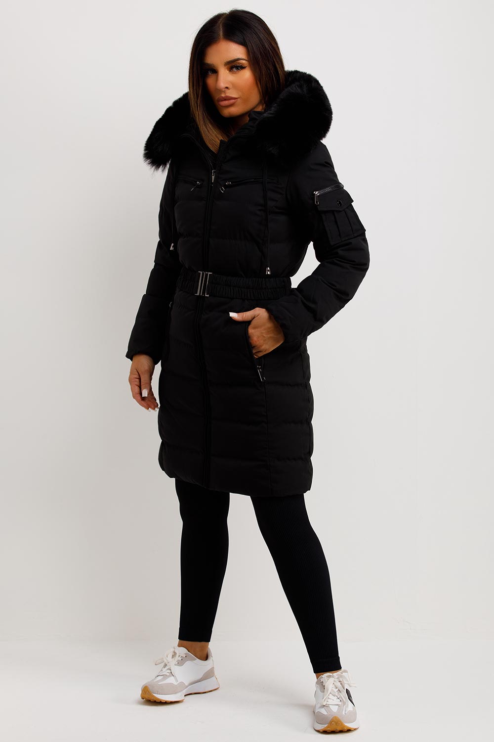 Audrina | Women’s long belted puffer coat with faux-fur hood