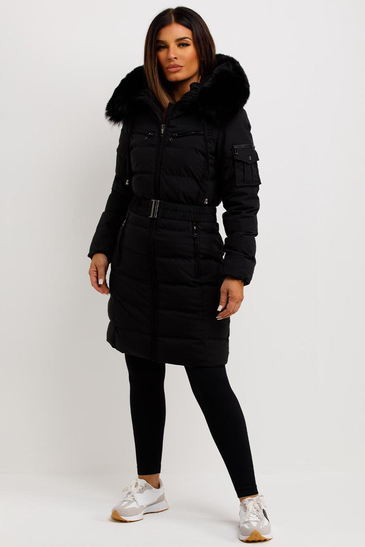 Audrina | Women’s long belted puffer coat with faux-fur hood