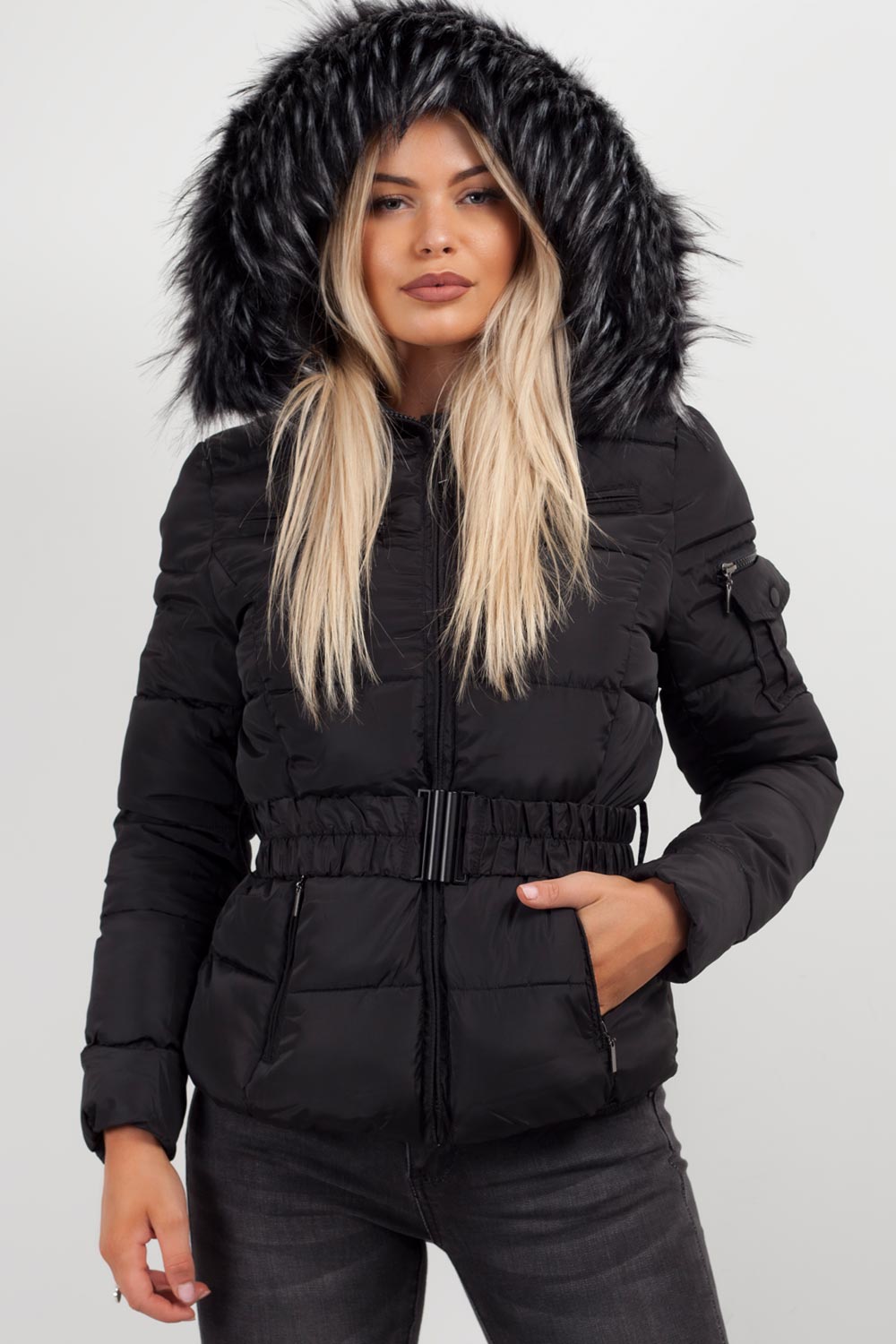 Lux | Women’s belted puffer jacket with faux-fur hood
