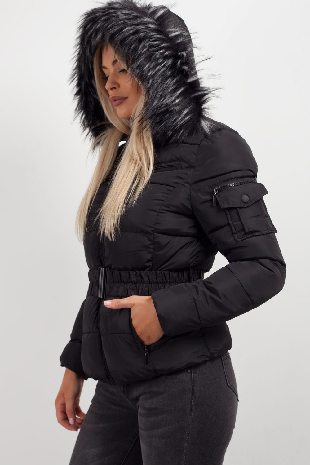 Lux | Women’s belted puffer jacket with faux-fur hood
