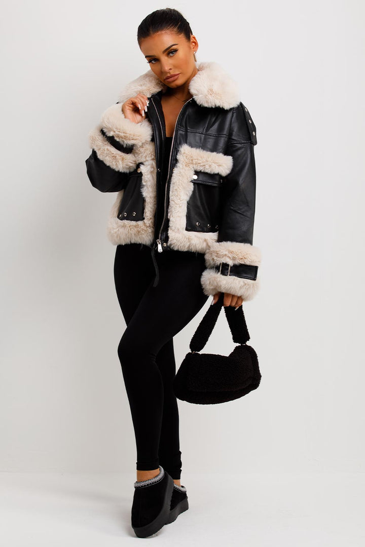 Kaelie | Women’s faux leather jacket with faux fur trim