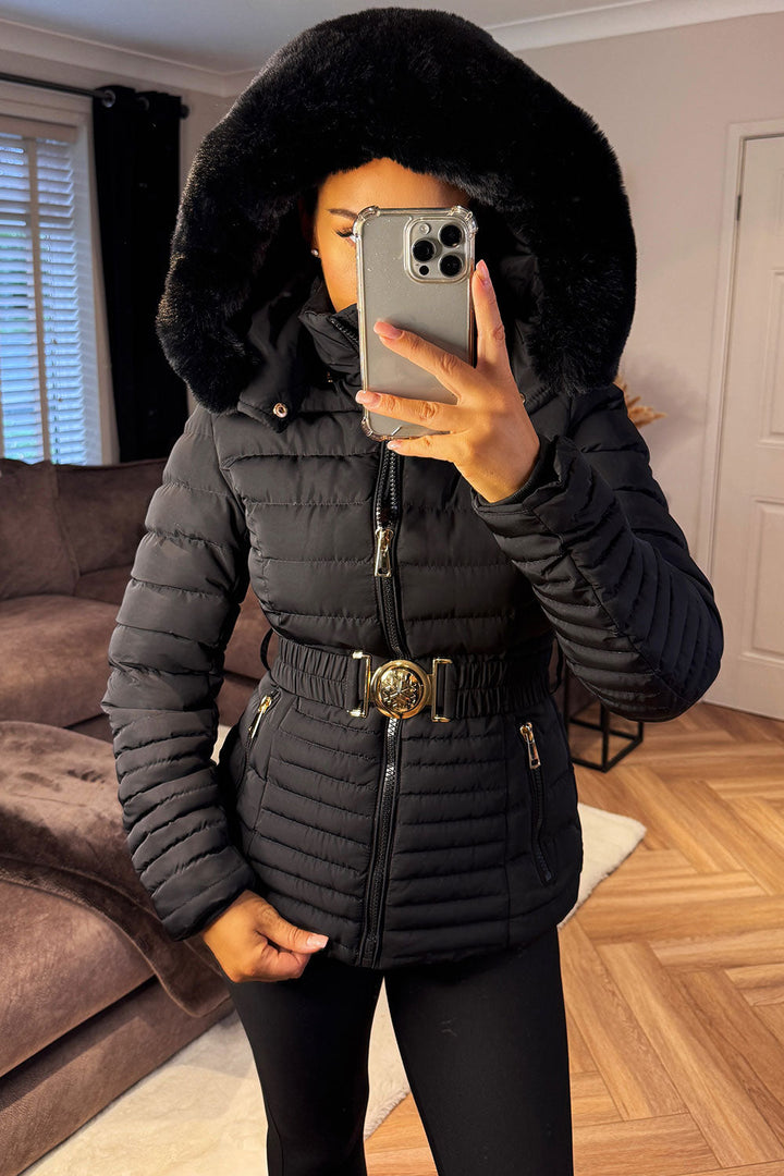 Malina | Women’s belted puffer jacket with faux fur hood