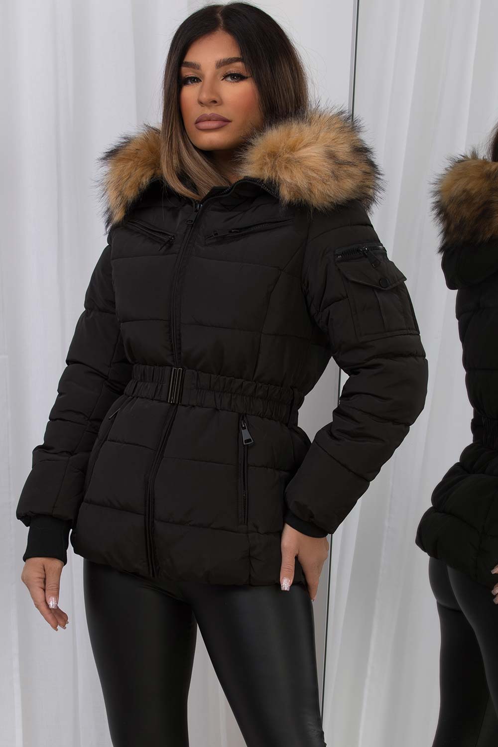 Maisyn | Women’s belted puffer jacket with faux fur hood