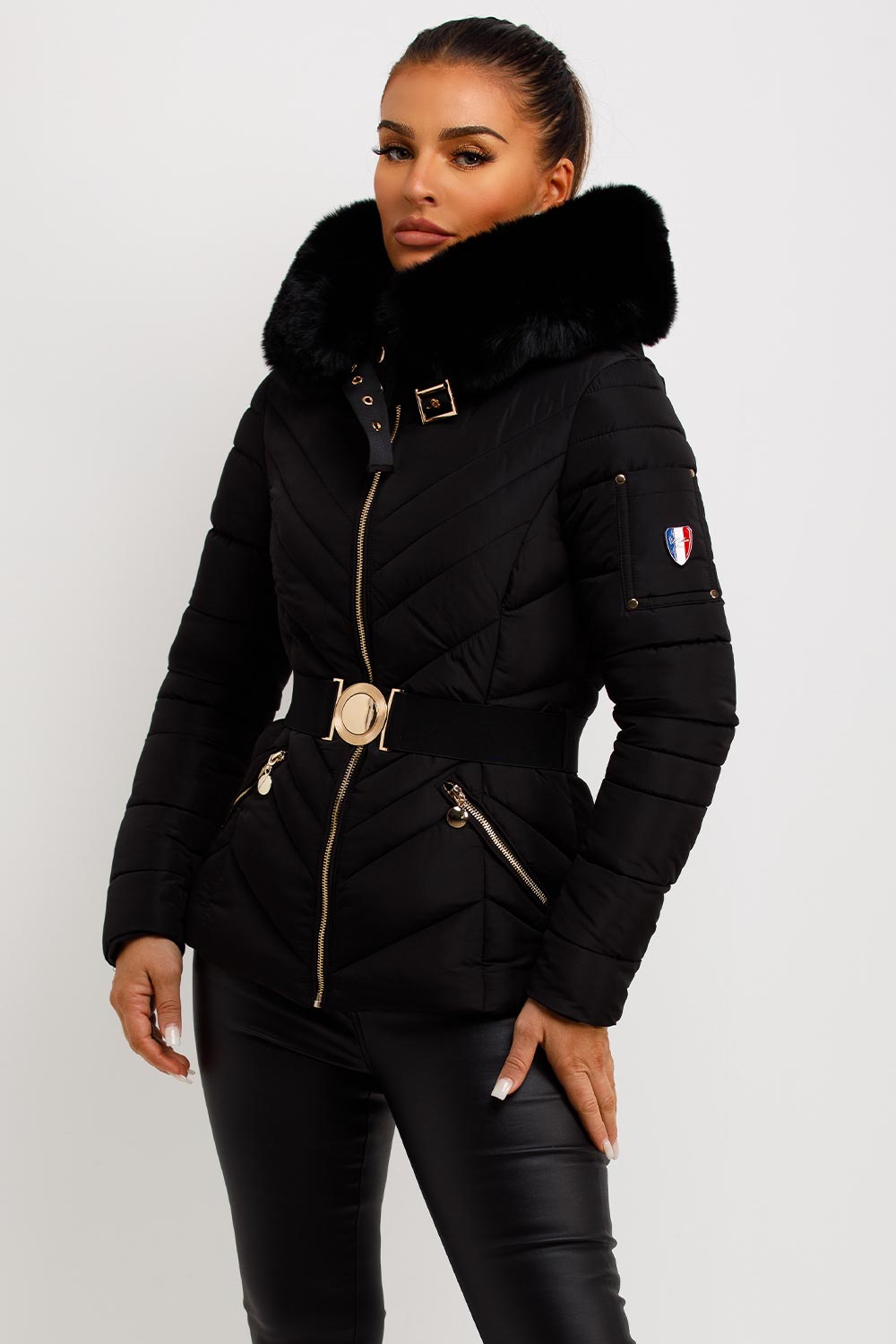 Febby | Women’s belted puffer jacket with faux-fur hood