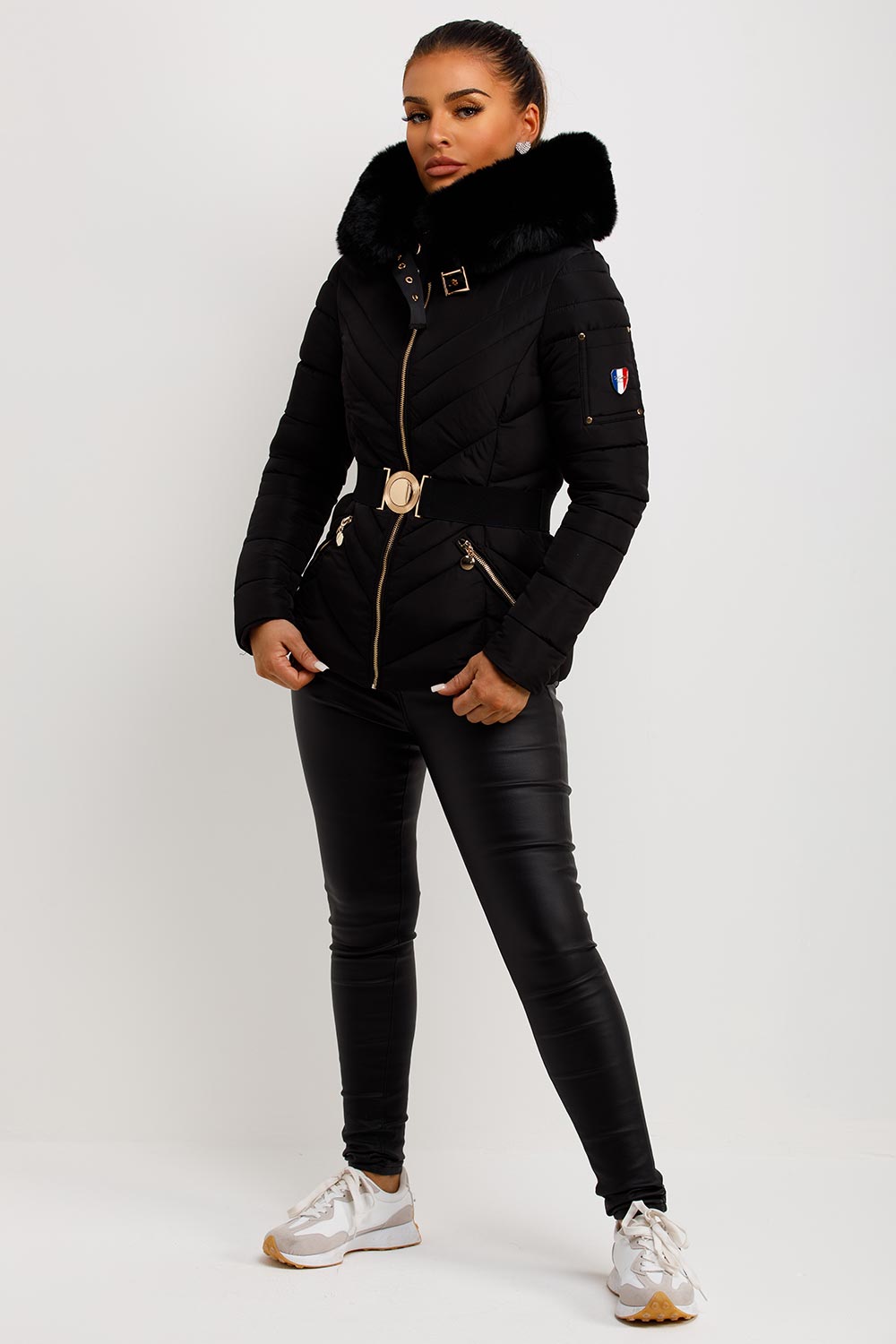 Febby | Women’s belted puffer jacket with faux-fur hood