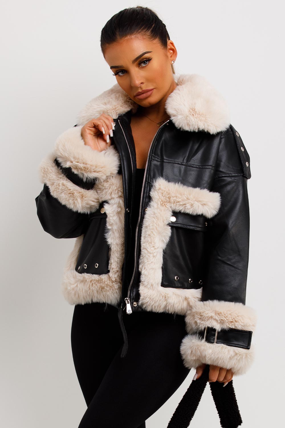 Kaelie | Women’s faux leather jacket with faux fur trim