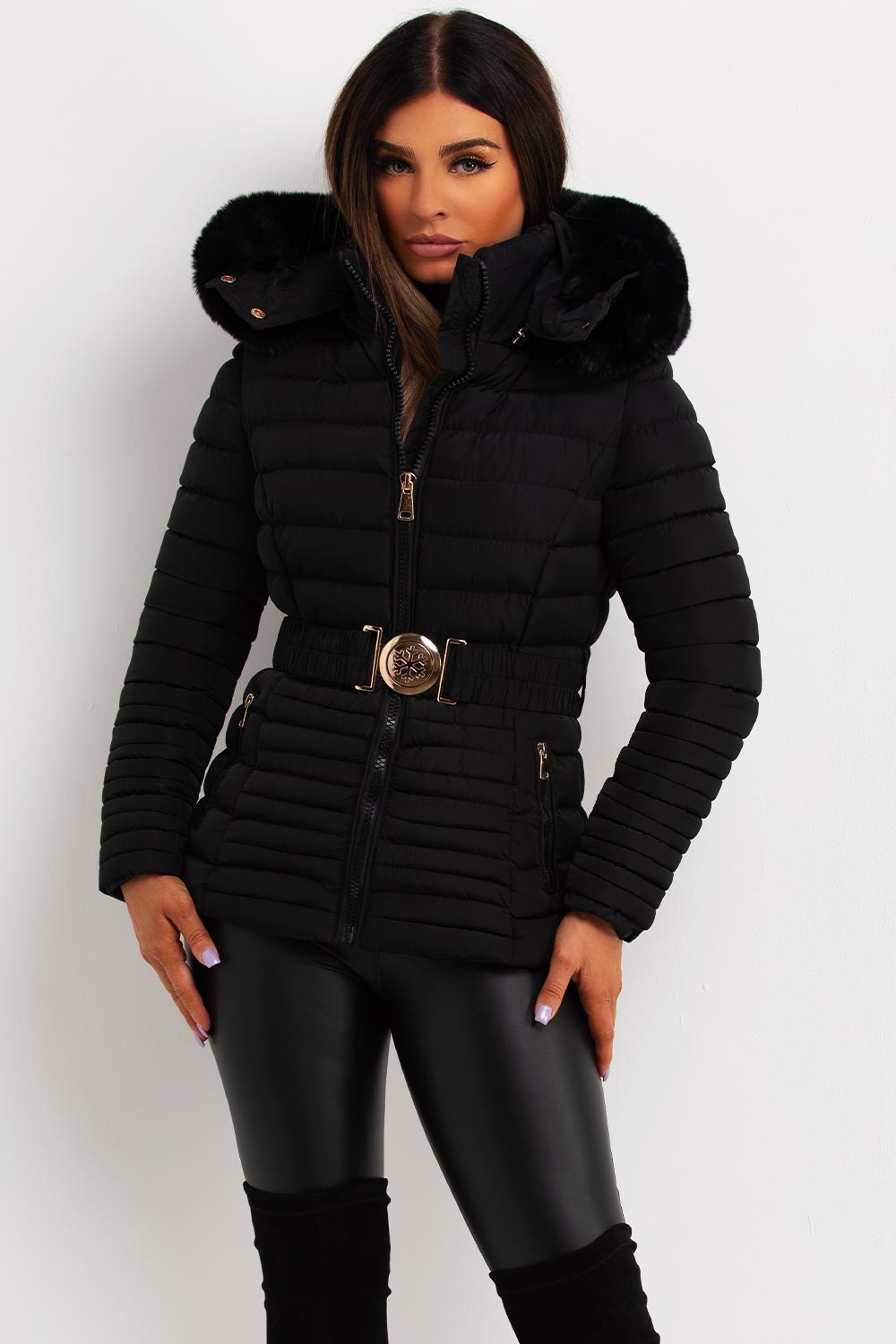 Malina | Women’s belted puffer jacket with faux fur hood