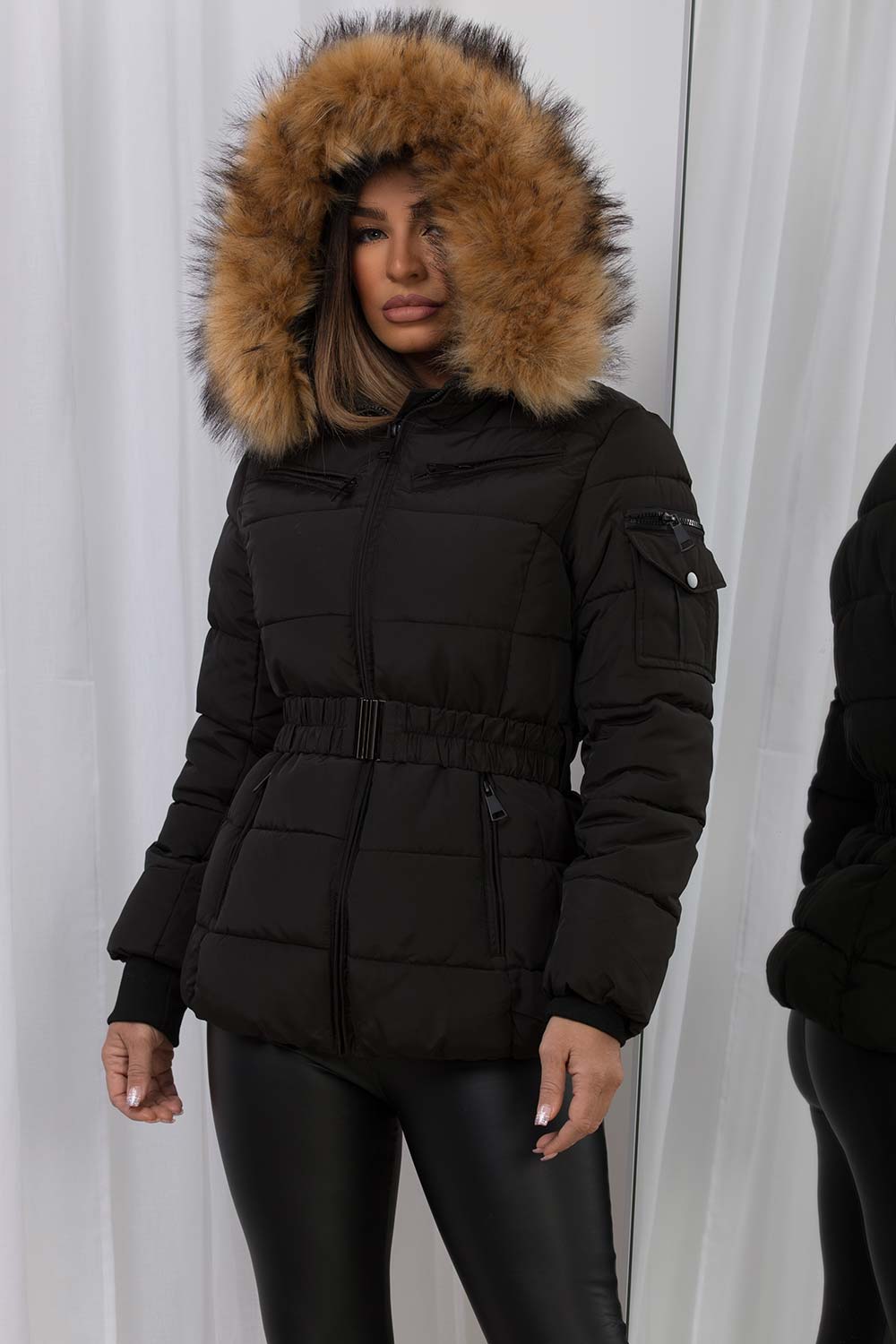 Maisyn | Women’s belted puffer jacket with faux fur hood