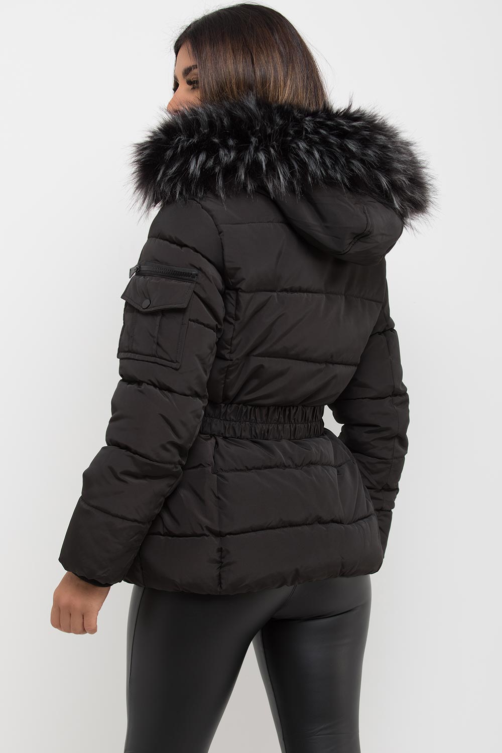 Lux | Women’s belted puffer jacket with faux-fur hood
