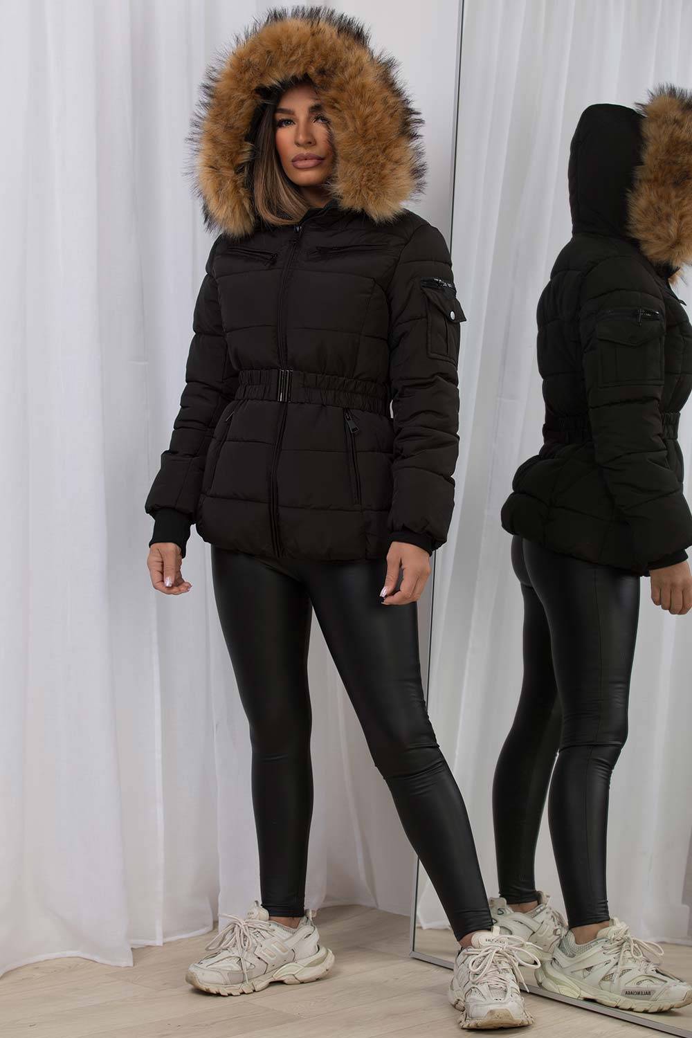 Maisyn | Women’s belted puffer jacket with faux fur hood