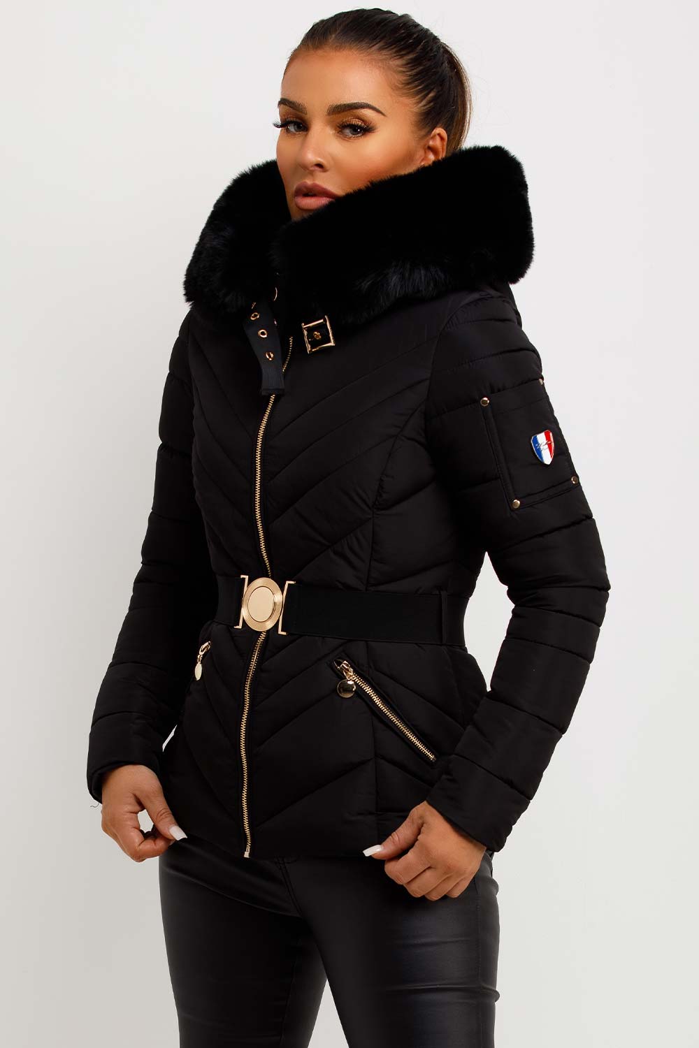 Febby | Women’s belted puffer jacket with faux-fur hood