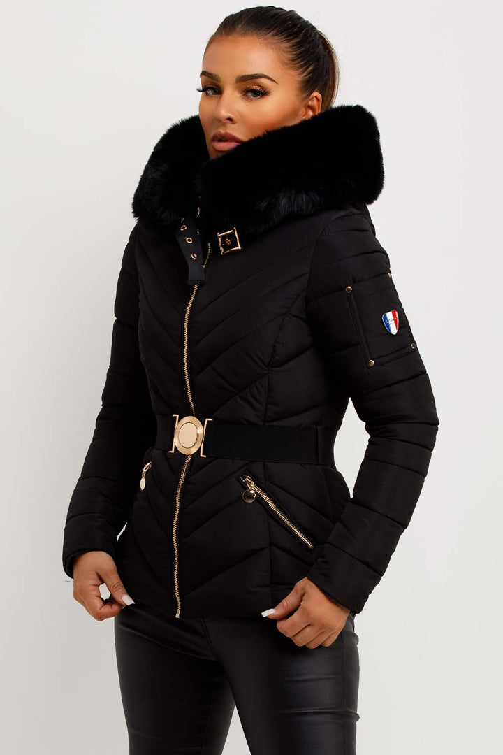 Febby | Women’s belted puffer jacket with faux-fur hood