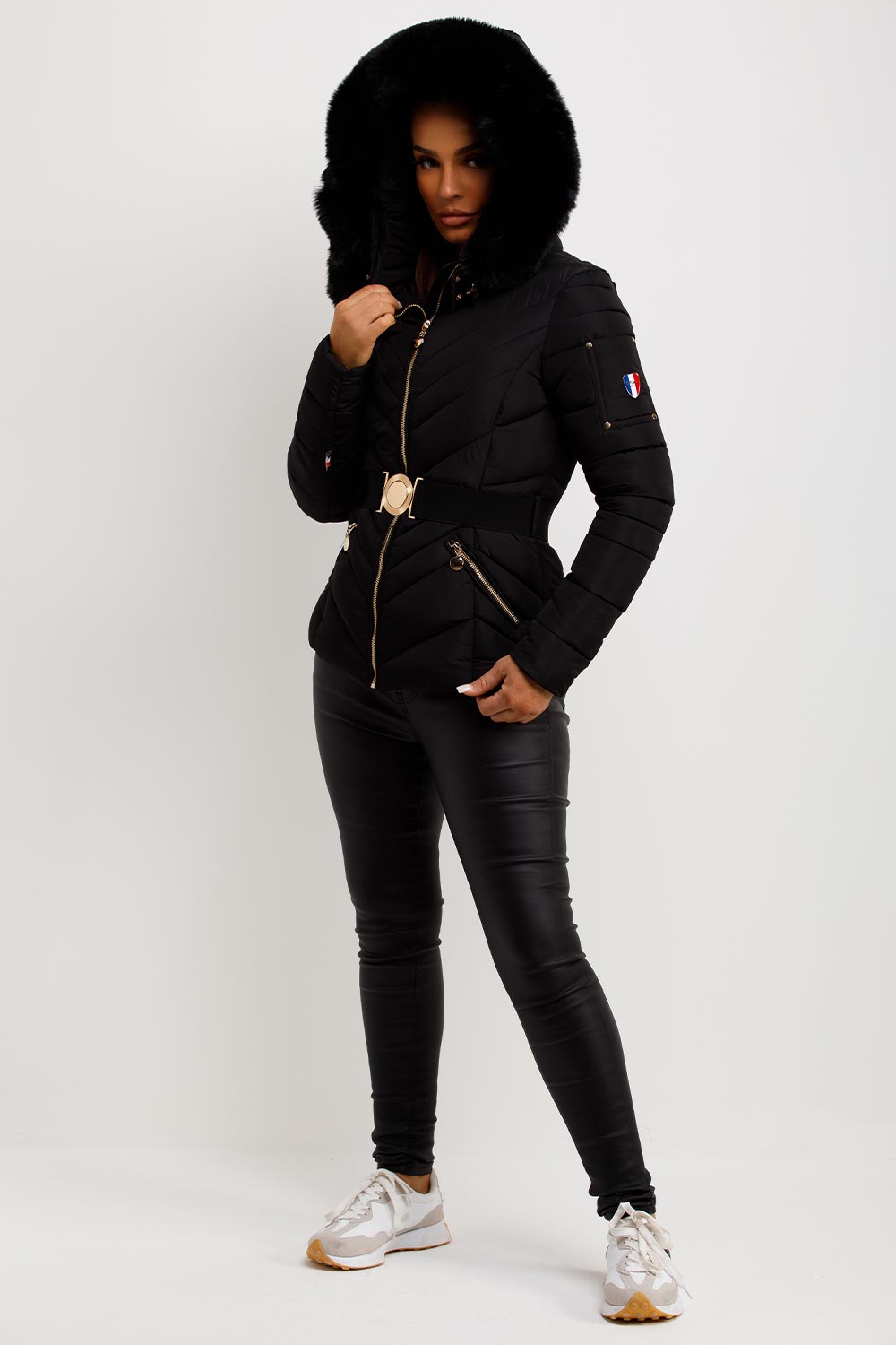 Febby | Women’s belted puffer jacket with faux-fur hood