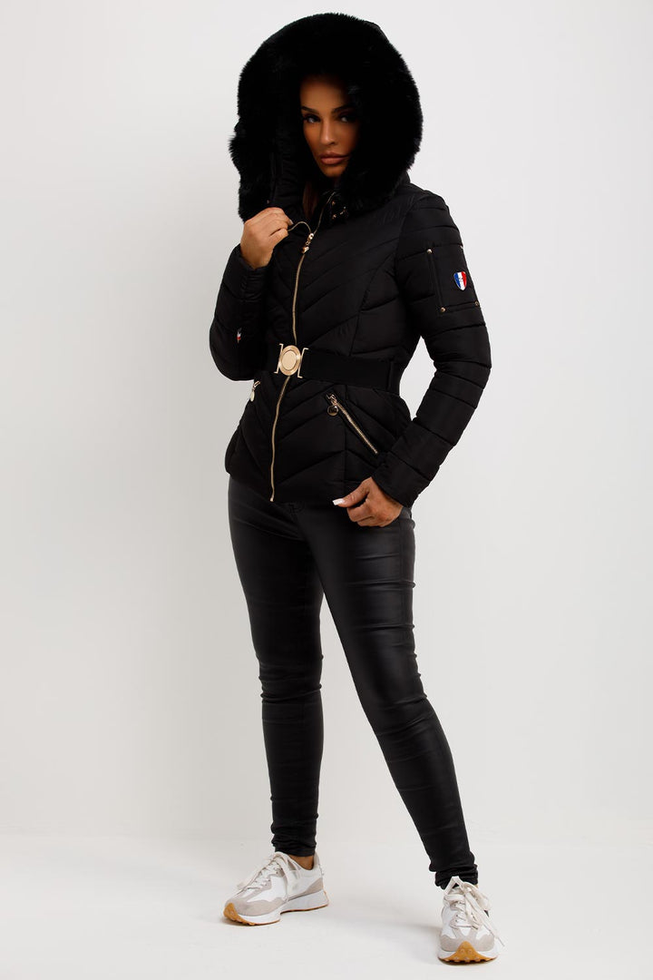 Febby | Women’s belted puffer jacket with faux-fur hood