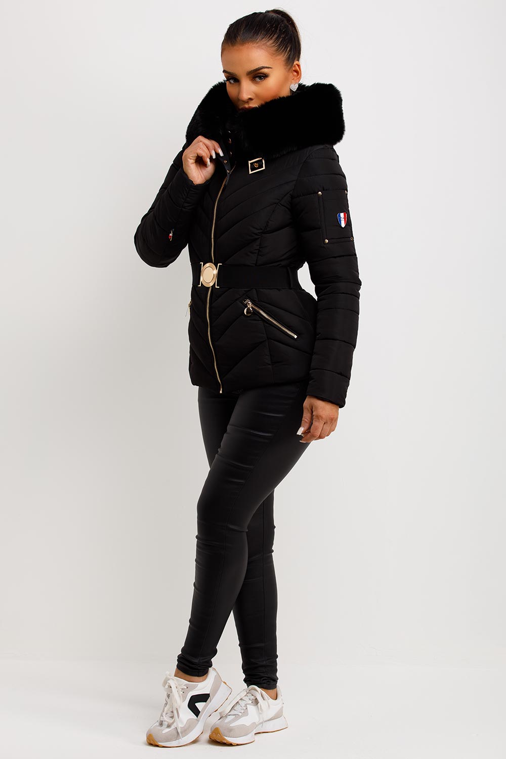 Febby | Women’s belted puffer jacket with faux-fur hood