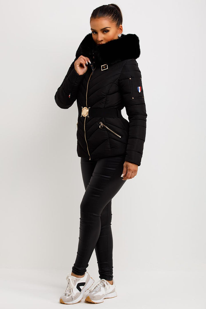 Febby | Women’s belted puffer jacket with faux-fur hood