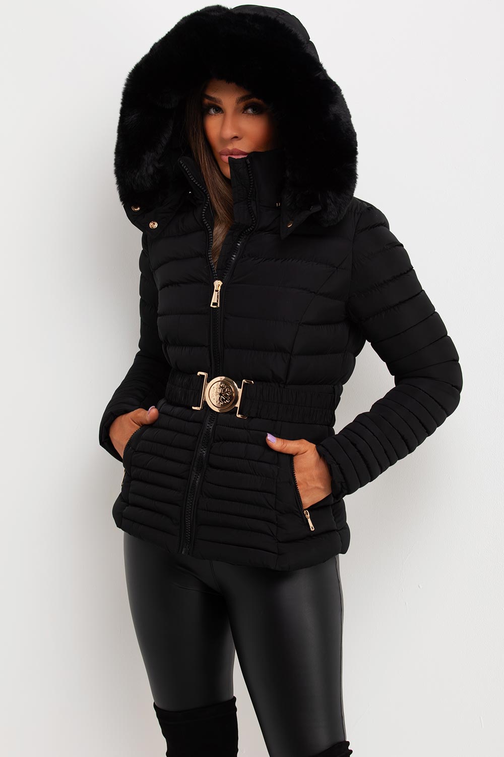 Malina | Women’s belted puffer jacket with faux fur hood