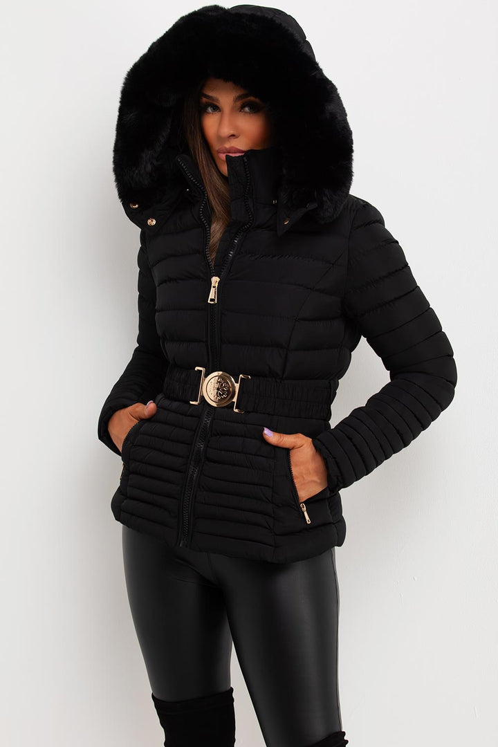 Malina | Women’s belted puffer jacket with faux fur hood