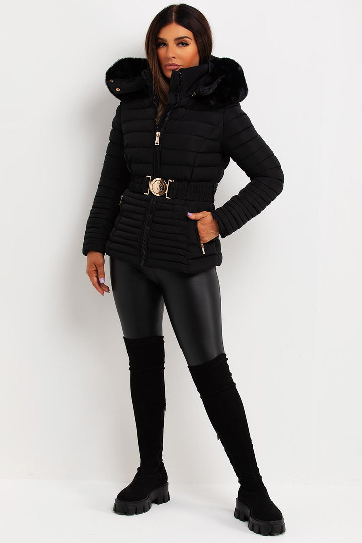 Malina | Women’s belted puffer jacket with faux fur hood