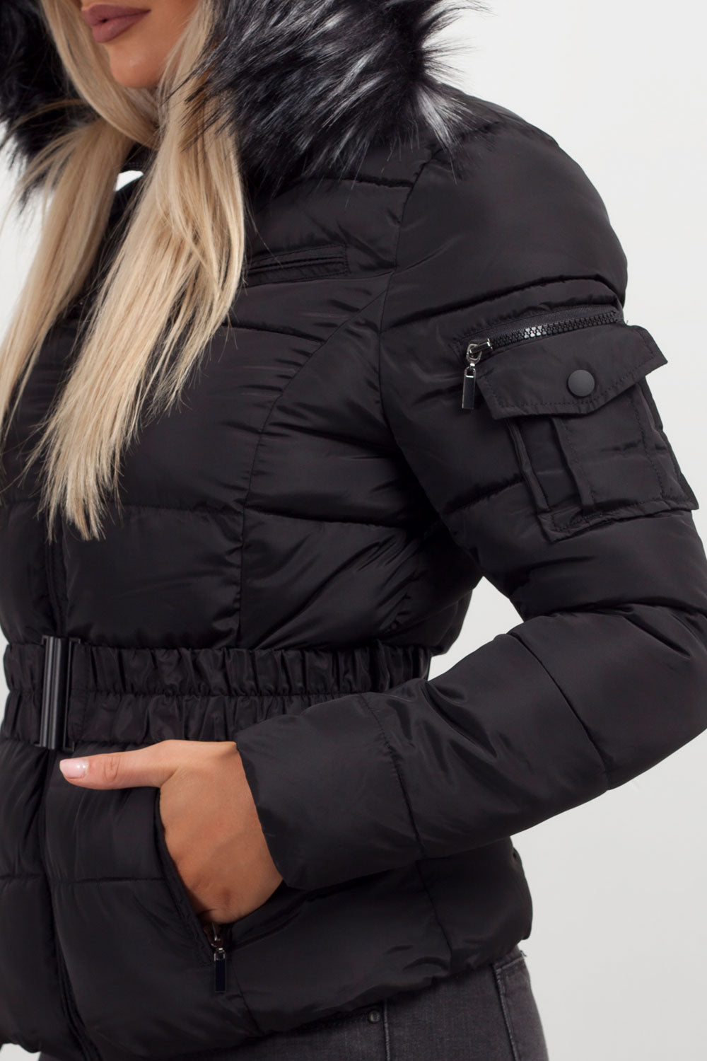 Lux | Women’s belted puffer jacket with faux-fur hood
