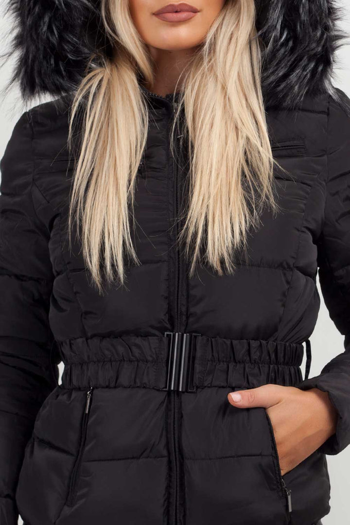 Lux | Women’s belted puffer jacket with faux-fur hood