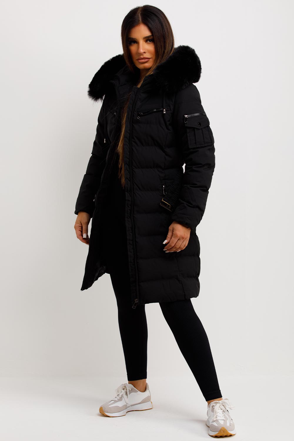 Audrina | Women’s long belted puffer coat with faux-fur hood