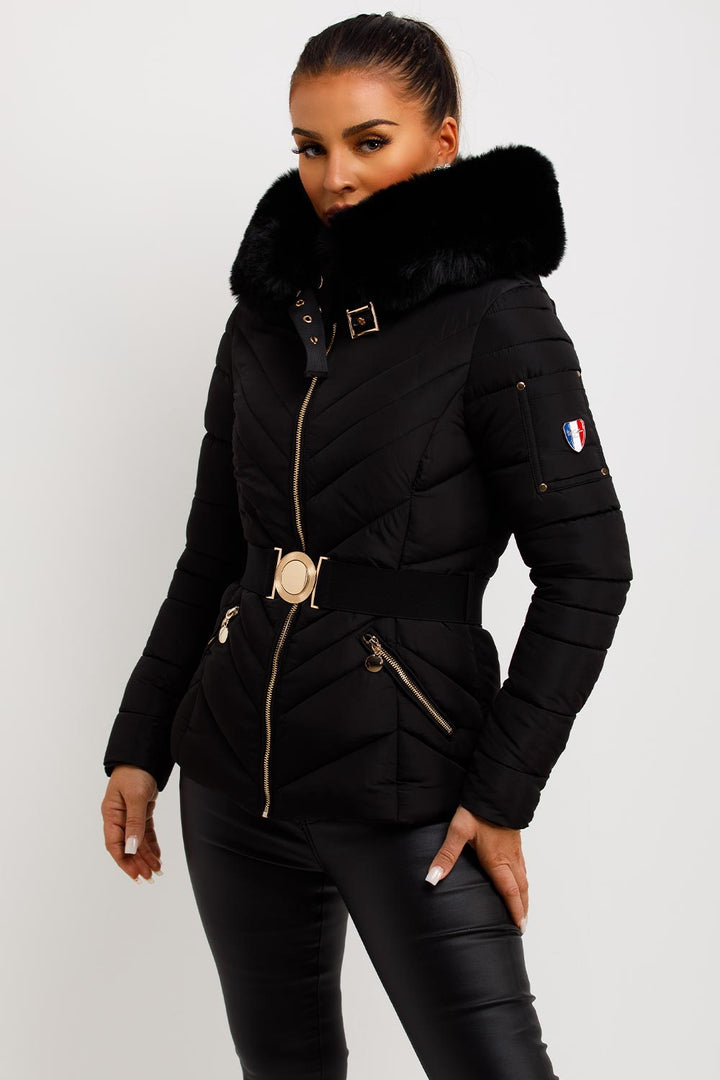 Febby | Women’s belted puffer jacket with faux-fur hood