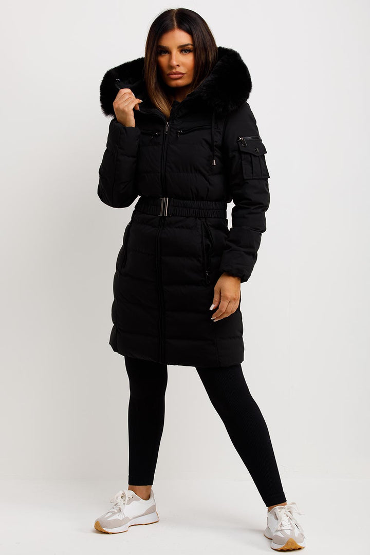 Audrina | Women’s long belted puffer coat with faux-fur hood
