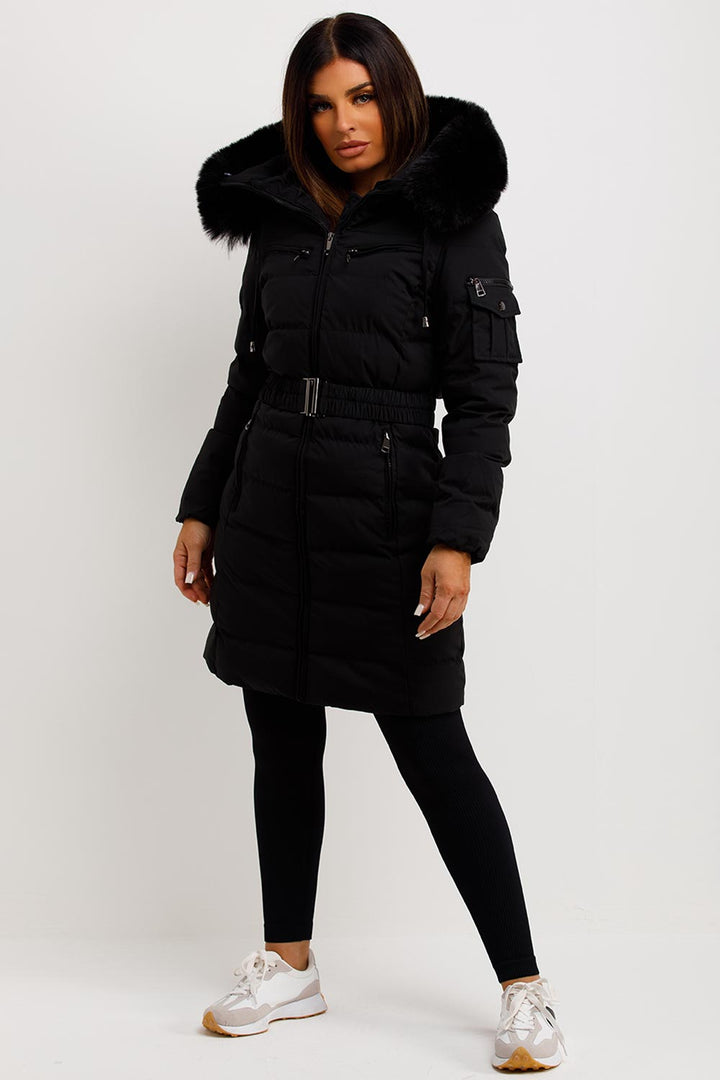 Audrina | Women’s long belted puffer coat with faux-fur hood