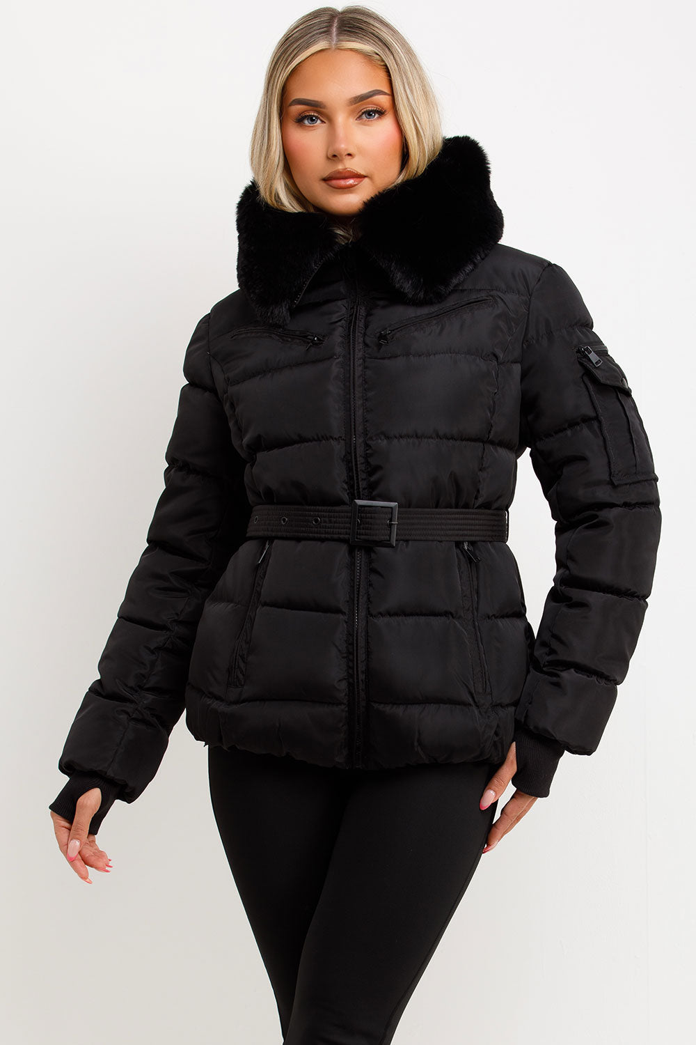 Brinlee | Women’s belted puffer jacket with faux fur hood