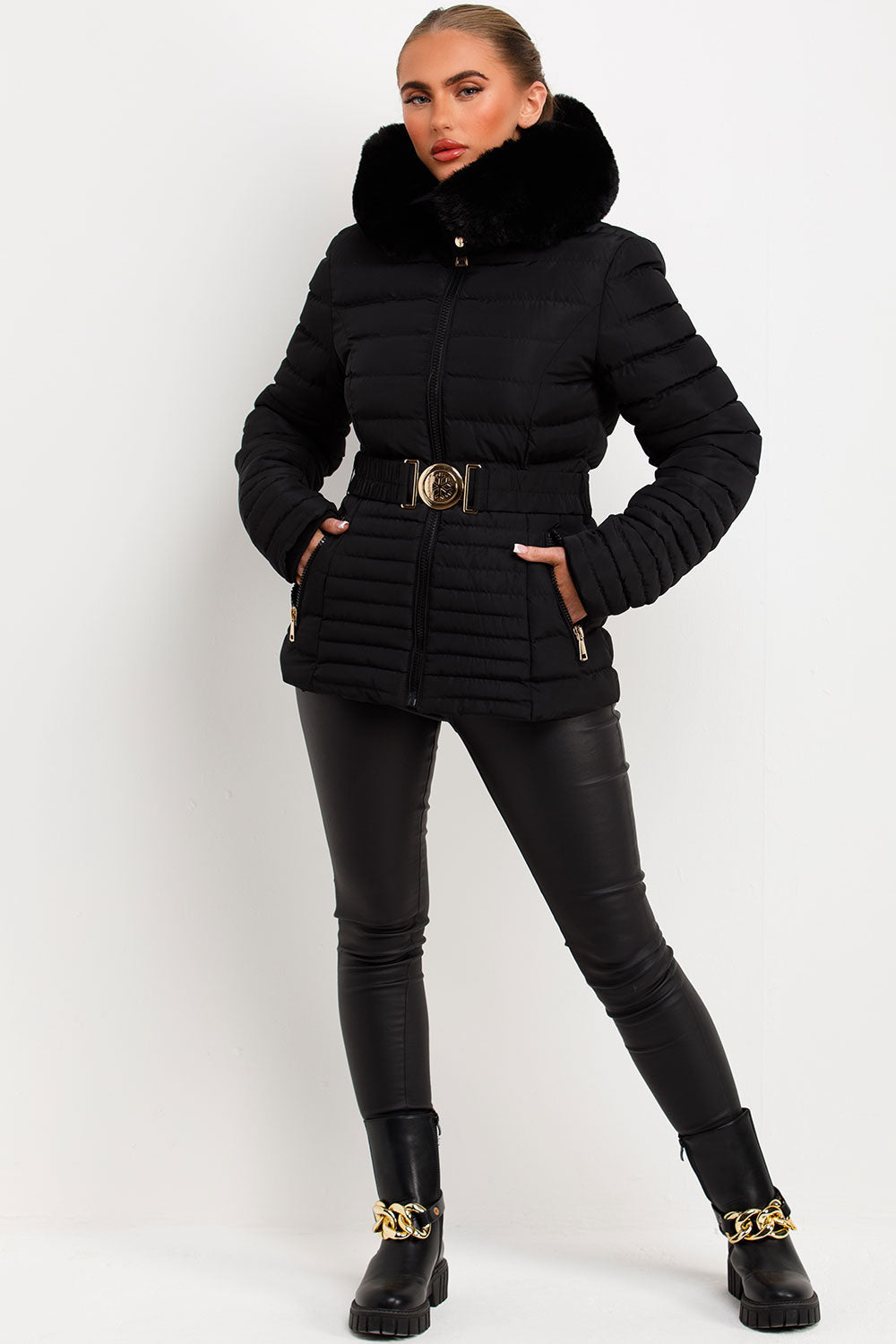 Malina | Women’s belted puffer jacket with faux fur hood