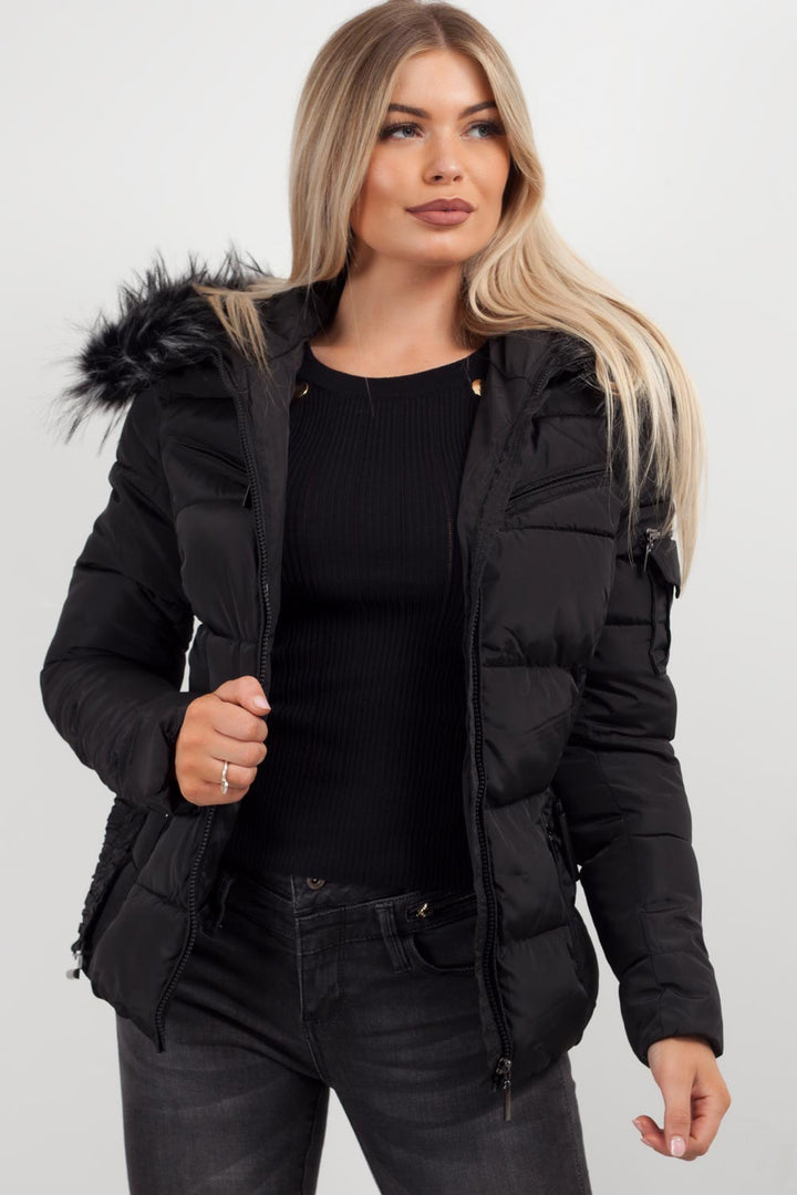 Lux | Women’s belted puffer jacket with faux-fur hood