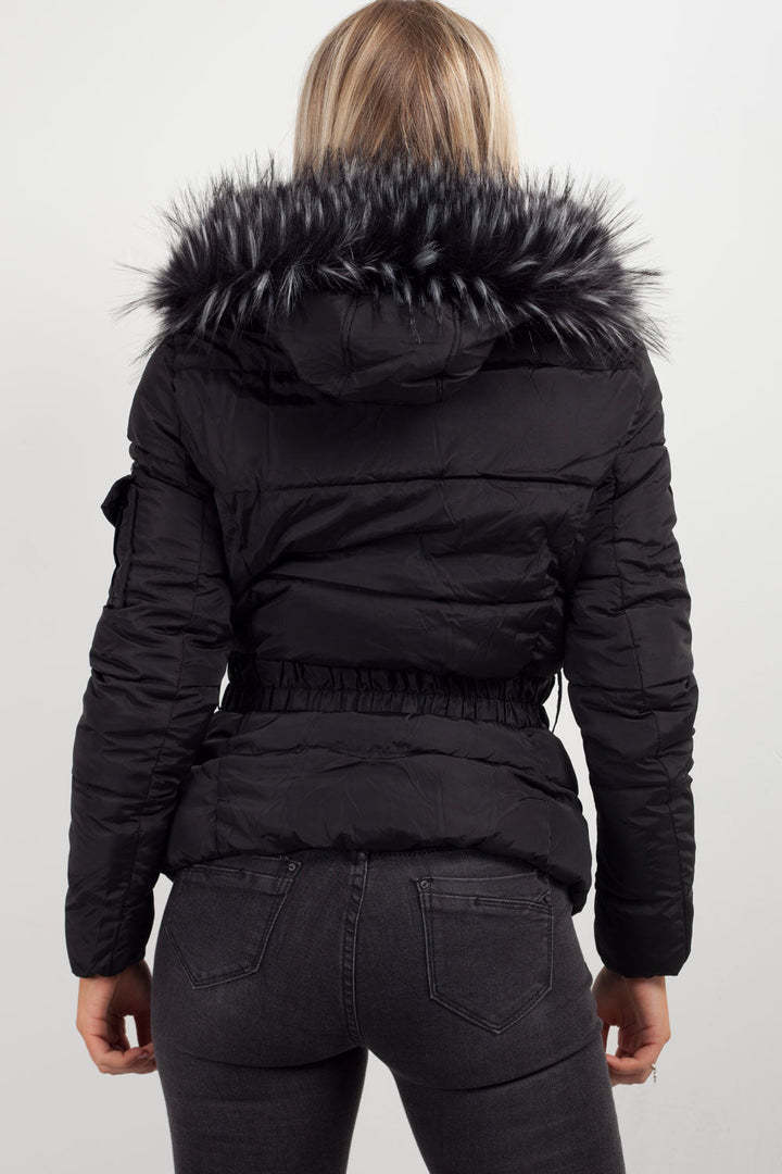 Lux | Women’s belted puffer jacket with faux-fur hood
