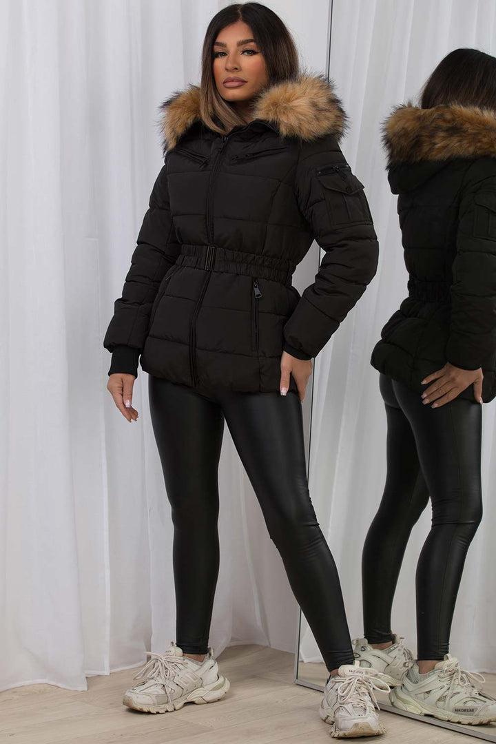 Maisyn | Women’s belted puffer jacket with faux fur hood