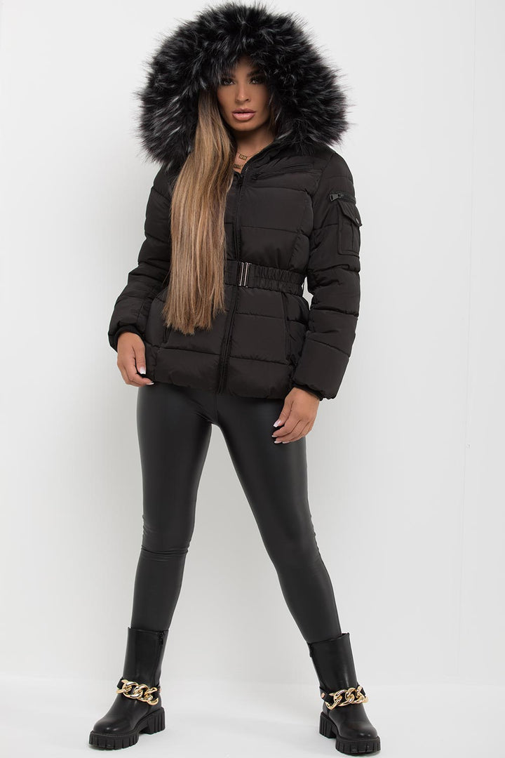 Lux | Women’s belted puffer jacket with faux-fur hood