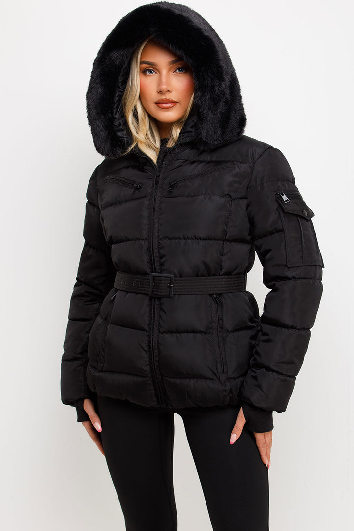 Brinlee | Women’s belted puffer jacket with faux fur hood