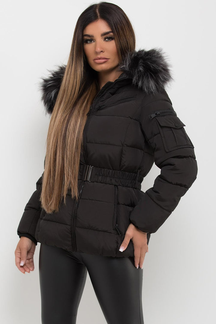 Lux | Women’s belted puffer jacket with faux-fur hood
