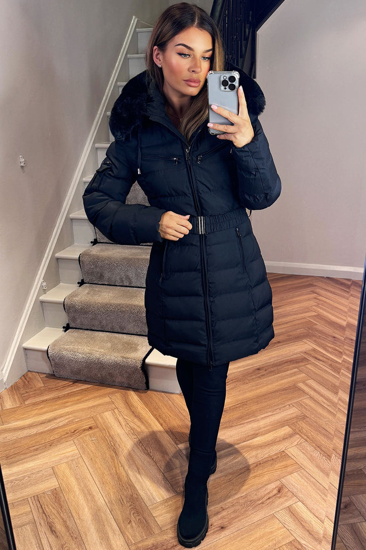 Audrina | Women’s long belted puffer coat with faux-fur hood