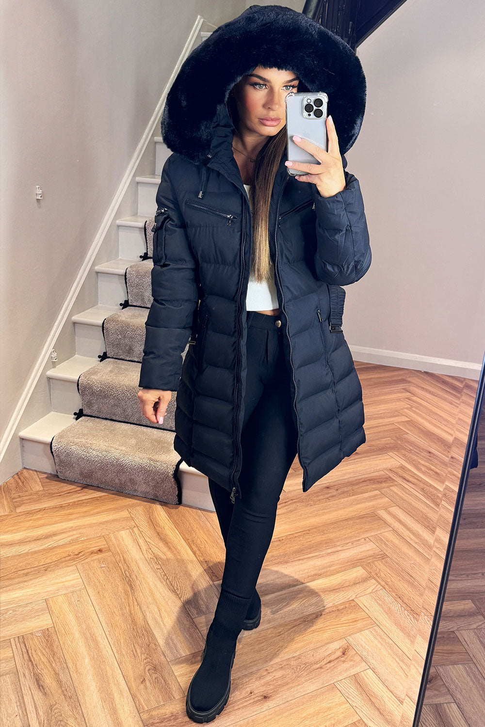 Audrina | Women’s long belted puffer coat with faux-fur hood