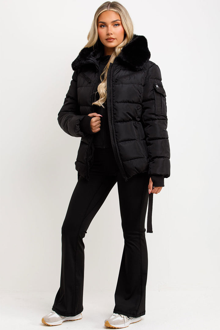 Brinlee | Women’s belted puffer jacket with faux fur hood
