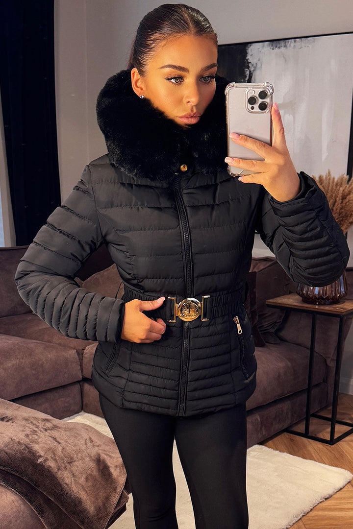 Malina | Women’s belted puffer jacket with faux fur hood