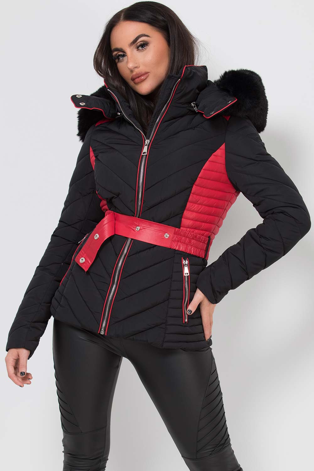 Zyriah | Women’s puffer jacket with faux fur hood and belt