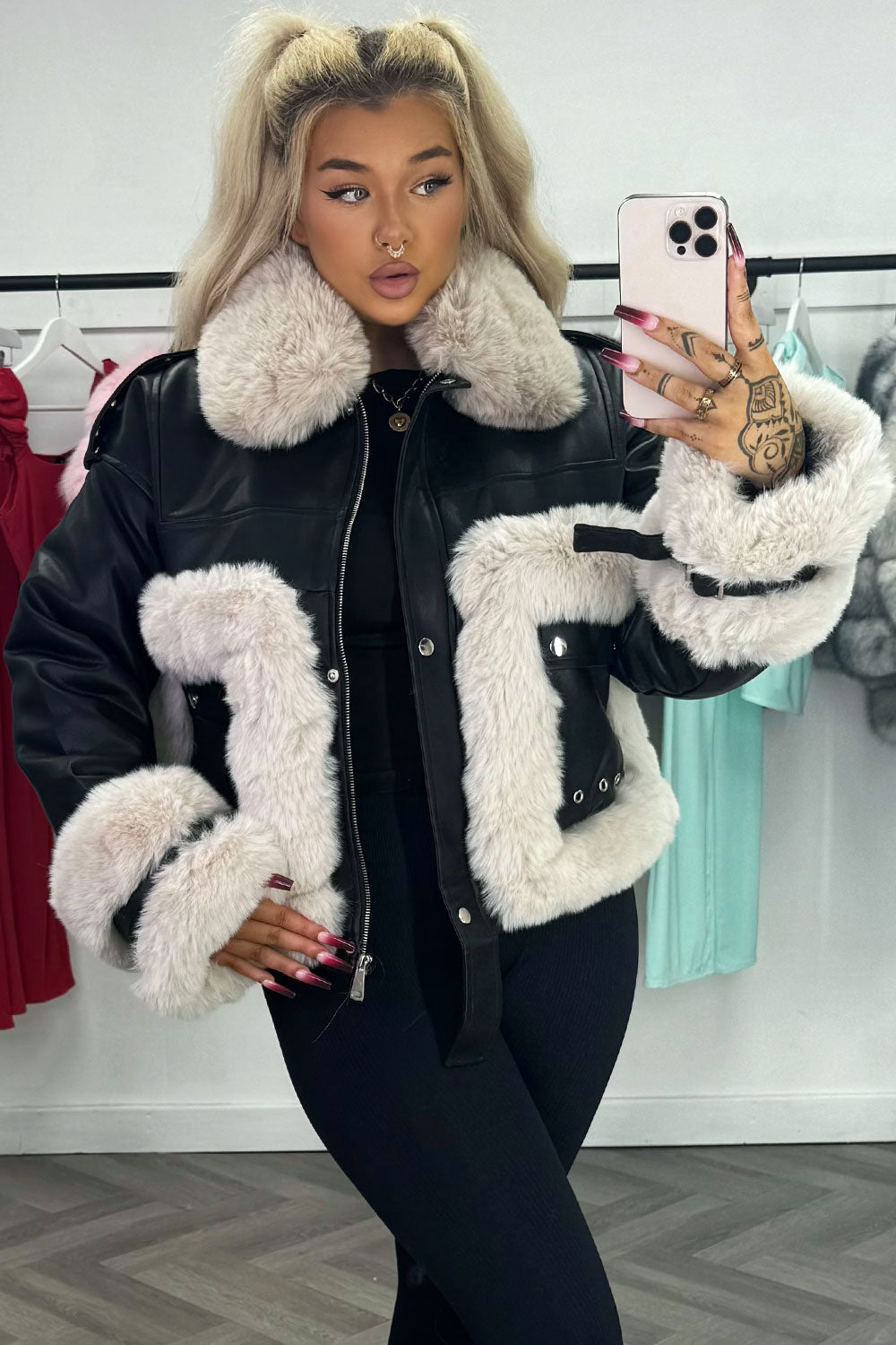 Kaelie | Women’s faux leather jacket with faux fur trim