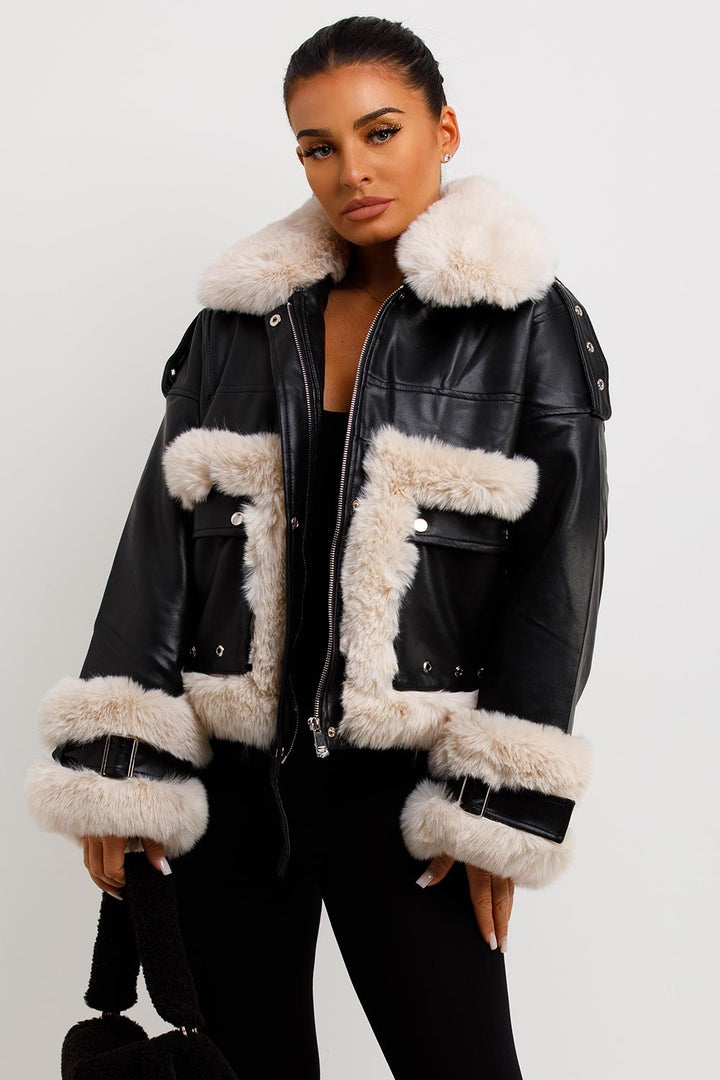 Kaelie | Women’s faux leather jacket with faux fur trim