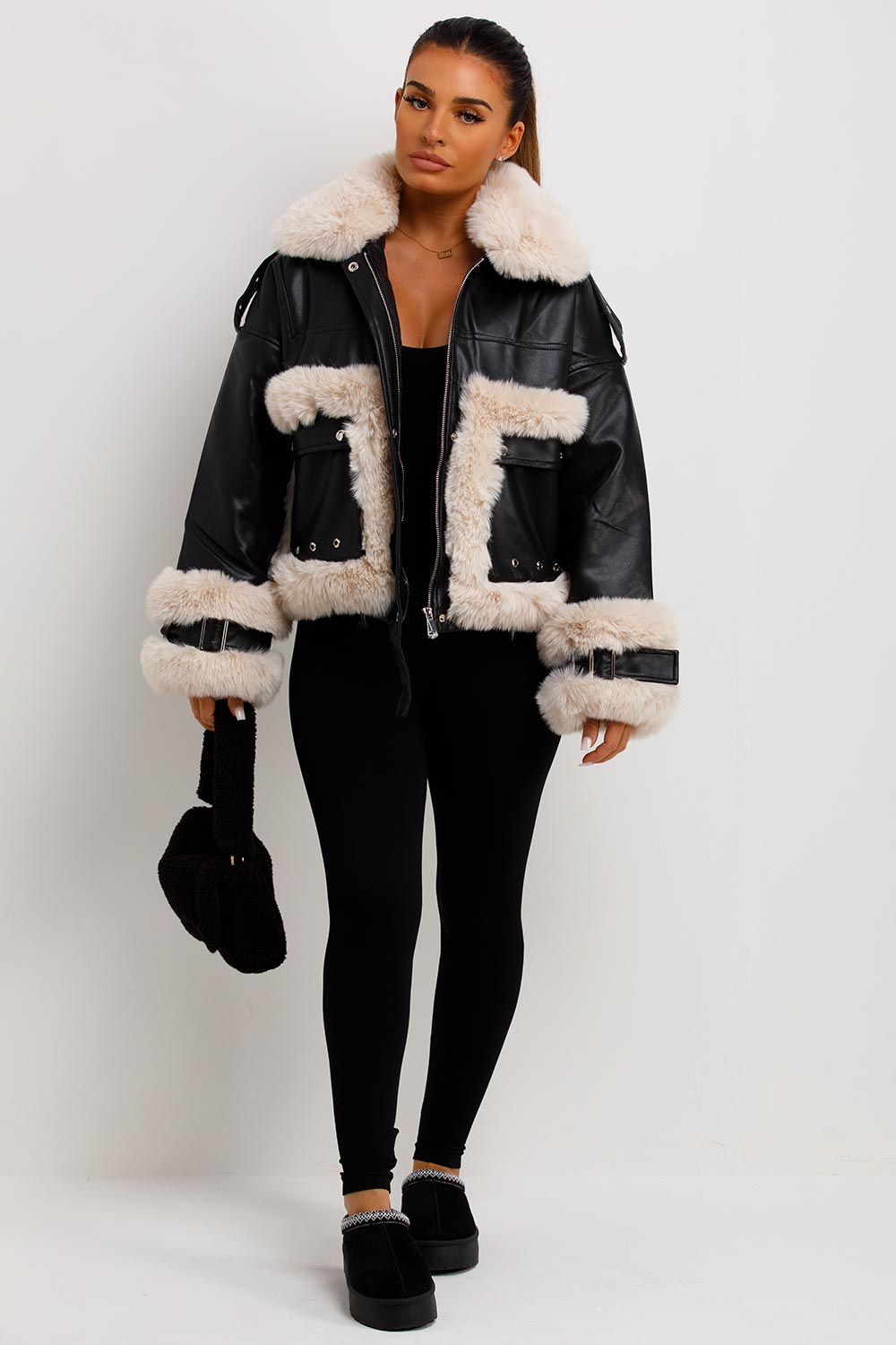 Kaelie | Women’s faux leather jacket with faux fur trim