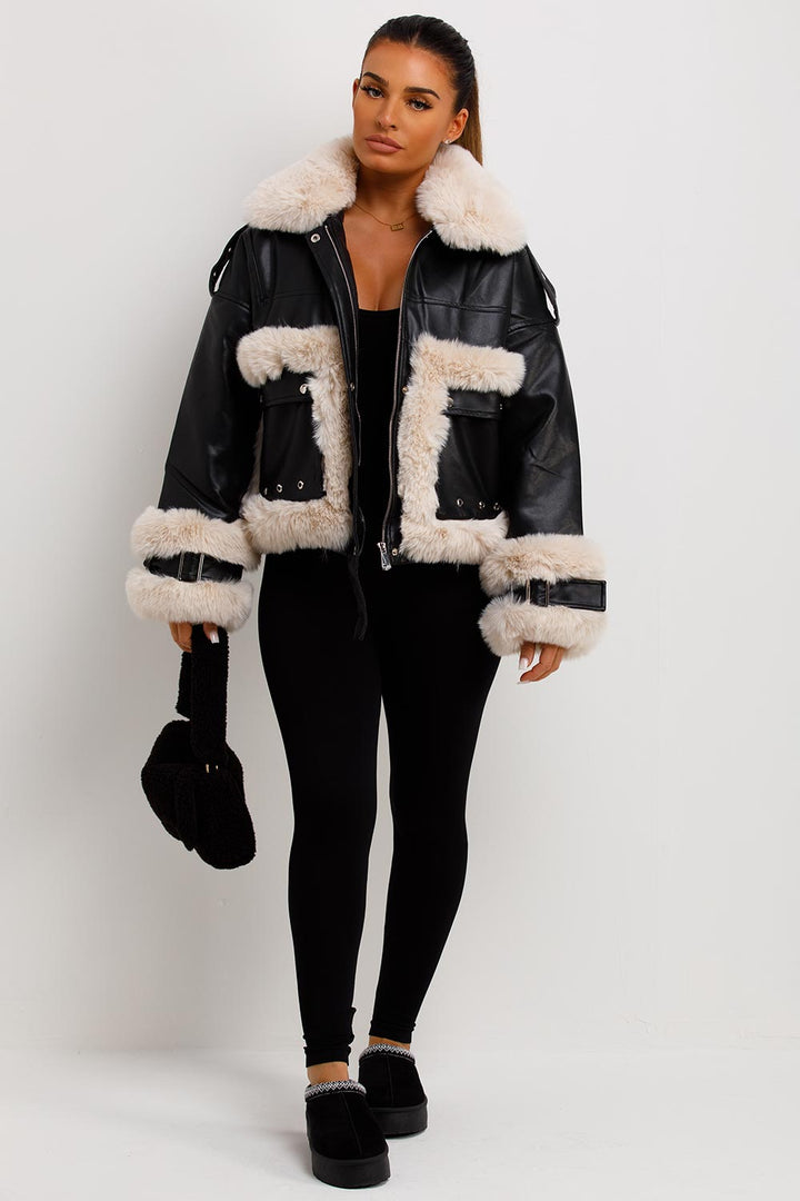 Kaelie | Women’s faux leather jacket with faux fur trim