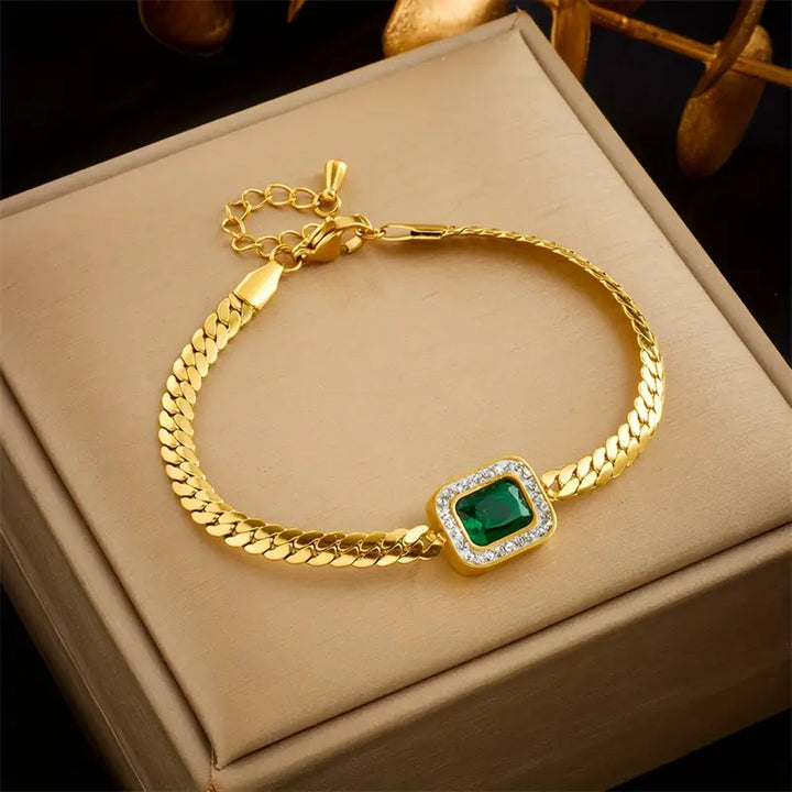 Louisa | Women’s gold chain bracelet with emerald centerpiece and adjustable clasp