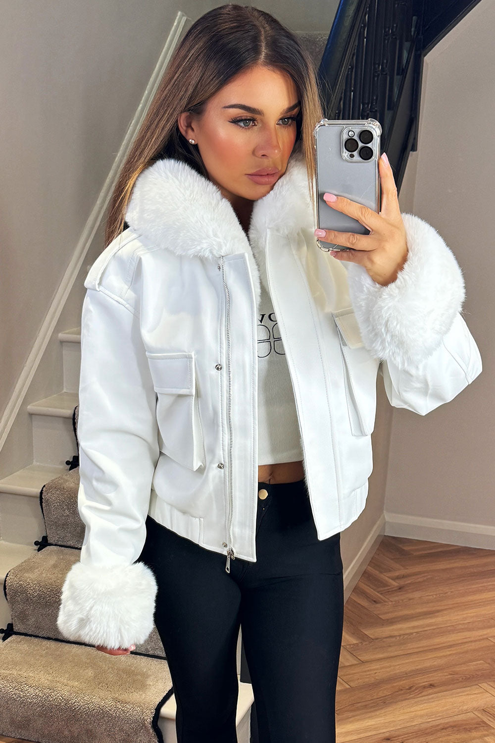 Ameliee | Women’s faux fur bomber jacket with detachable trim
